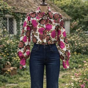 Vintage 1970s JC Penny Vibrant Pink Floral Button-Up Blouse With Bishop Sleeves